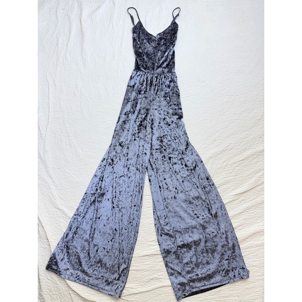 Snap Jumpsuit Womens Large L Blue Crushed Velvet Wide Leg Strappy Holiday Romper